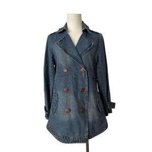 Unbranded Vintage Denim Double-Breasted Wood Button Jacket Curved Bottom - S